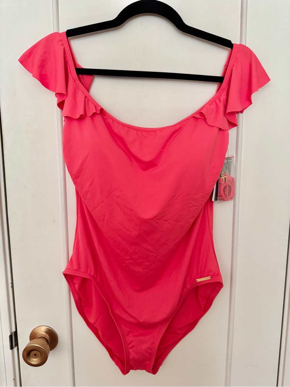 Vince Camuto Coral Pink Ruffle Shoulder One-Piece Swimsuit